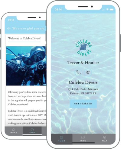 Culebra Divers diving guidebook app: home tab & diving information tab