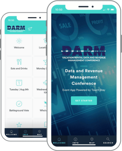 DARM event guide - two screens: home tab and info tab