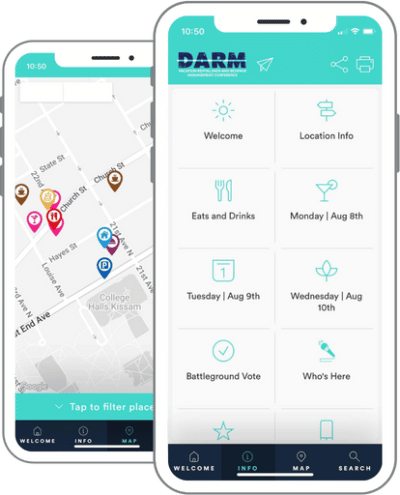 DARM event app screenshots: Info tab in front of the Map tab