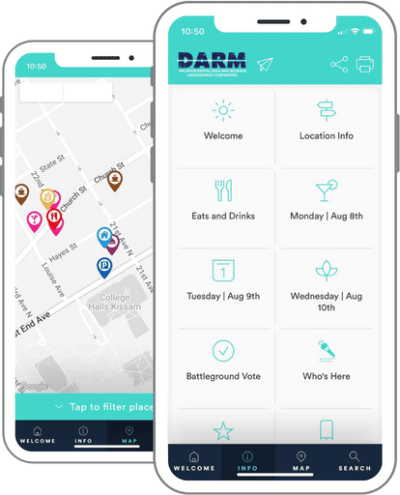 DARM – info & map DARM event app screenshots: Info tab in front of the Map tab