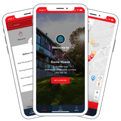 Dome House three screens – home, info & map airbnb welcome letter