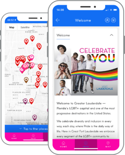 FABStayz welcome & map FABStayz guidebook in smartphone screens - welcome screen in front of map tab