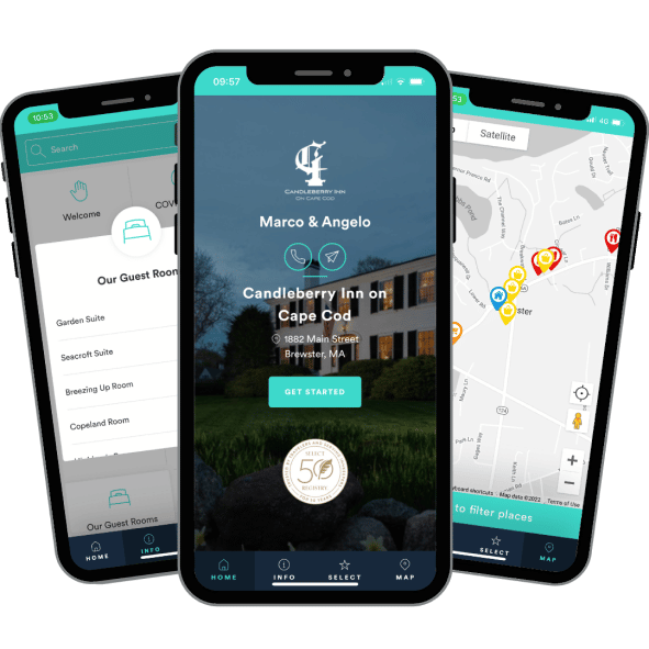 Touch Stay digital guidebook for Candleberry Inn, Cape Cod - the info tab, home tab, and map tab, fanning out from the centre