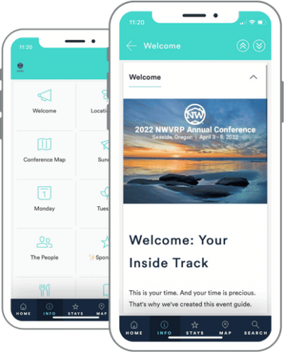 NWVRP – welcome & info NWVRP event app - two screenshots, one of the welcome section, one of the info tab, one in front of the other