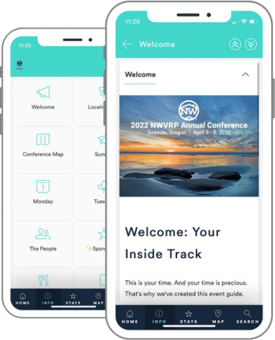 NWVRP event app - two screenshots, one of the welcome section, one of the info tab, one in front of the other