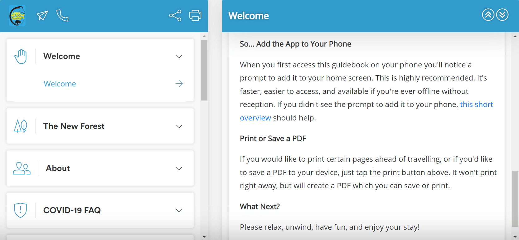 Screenshot of Long Meadow Campsite page featuring how to add your digital guidebook to your mobile phone