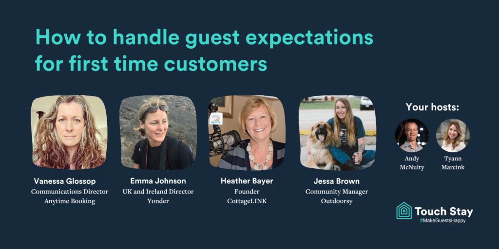 Webinar graphic: how to manage expectations of first time guests with Heather Bayer, Emma Johnson and Vanessa Glossop