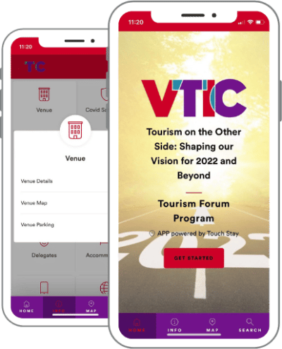 VTIC home & venue info two phone screens displaying Touch Stay event guide app - the home screen laid over the venue information