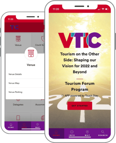 two phone screens displaying Touch Stay event guide app - the home screen laid over the venue information