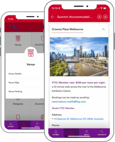 VTIC – lodging and venue subcat VTIC event guidebook - one tab showing lodging information, another tab behind it showing the "Venue" subcategory