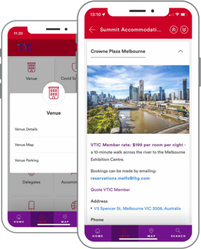 VTIC event guidebook - one tab showing lodging information, another tab behind it showing the "Venue" subcategory