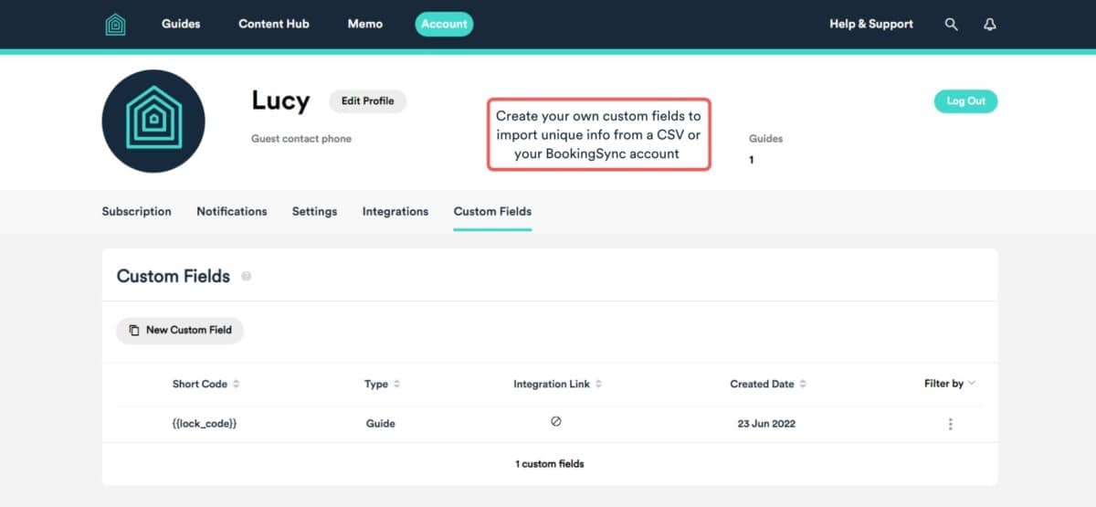 screenshot of custom fields tab content hub screenshot of custom fields tab in Touch Stay