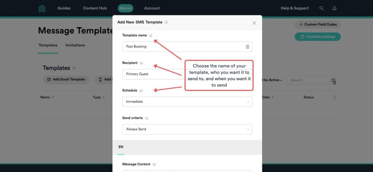 screenshot of Memo tab - customising template settings