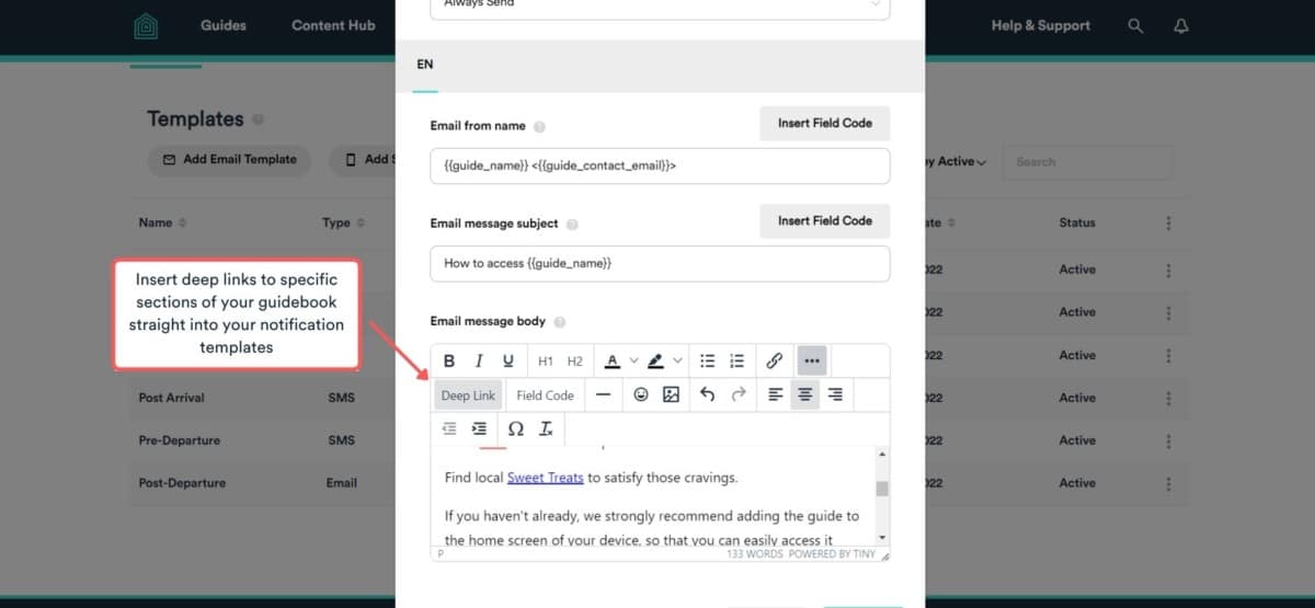 deep links in Memo templates – screenshot screenshot of Memo - inserting deep links into your templates