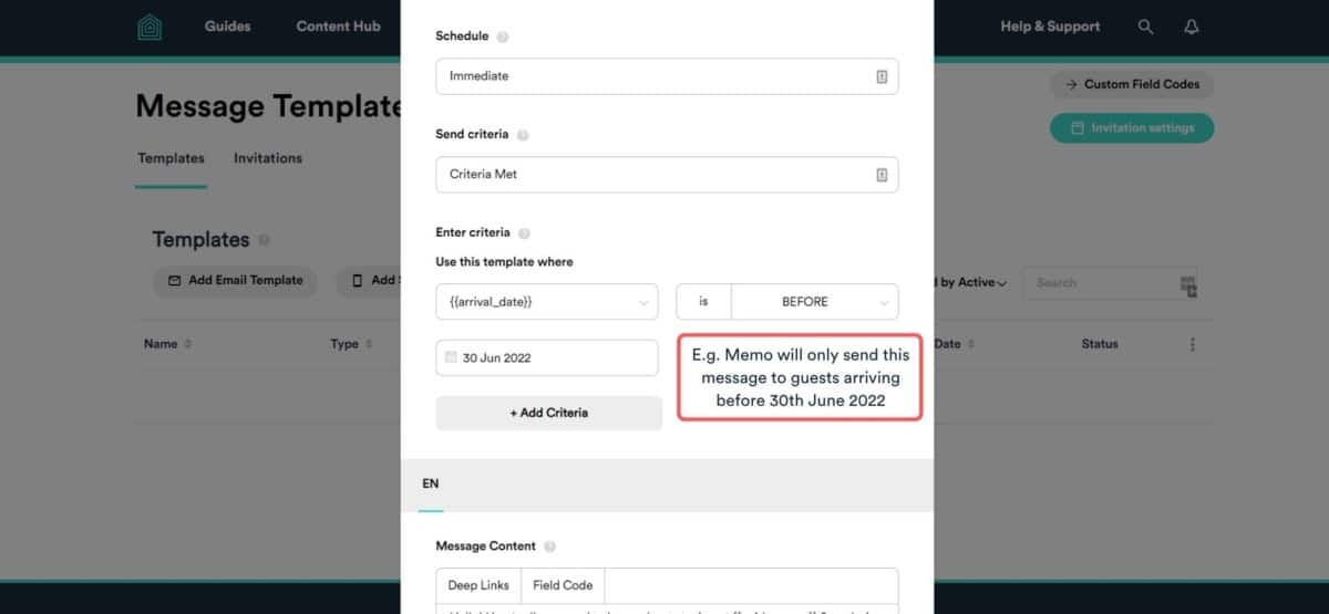 edit template criteria Screenshot of Memo tab - edit template criteria