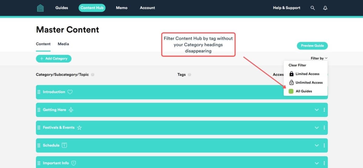 filter content hub by tag