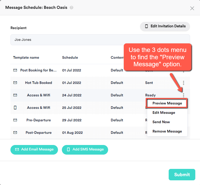 preview_message_2 a screenshot of the Memo message schedule, with an arrow pointing to the preview option