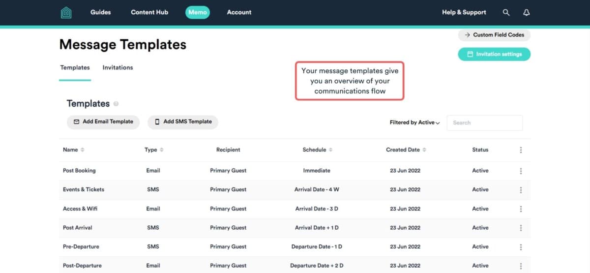 Memo screenshot – view message templates screenshot of Memo tab - viewing your message templates